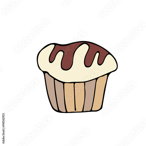 A cute hand-drawn muffin, a cake icon in color, a pastry doodle  