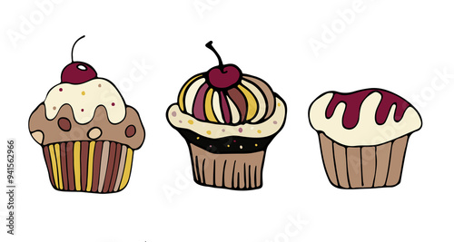 A group of cute cakes, three hand-drawn doodle icons, a hand-drawn pastry set