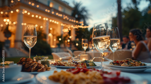 A dinner table with a variety of food and drinks, including wine glasses