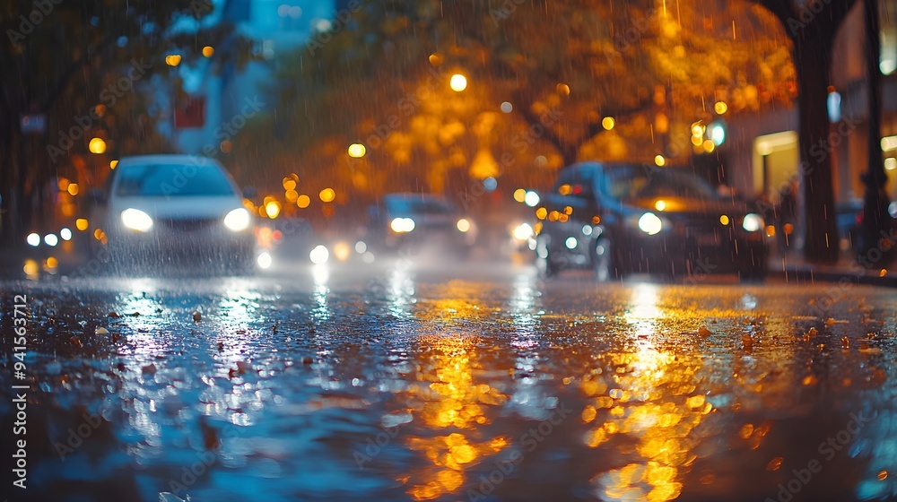 Fototapeta premium Eye-level view of a dynamic rainstorm in urban cityscape nature's atmospheric fury