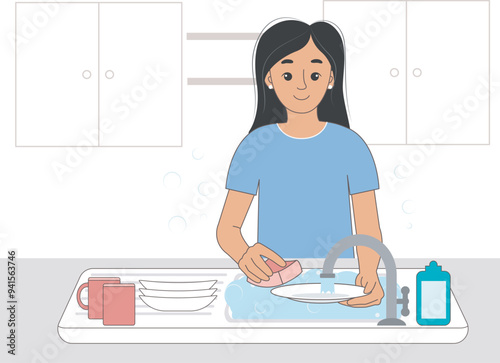 Young woman washing dishes in the home kitchen. Beautiful girl doing housework. Cleaning and tidying concept, vector graphics