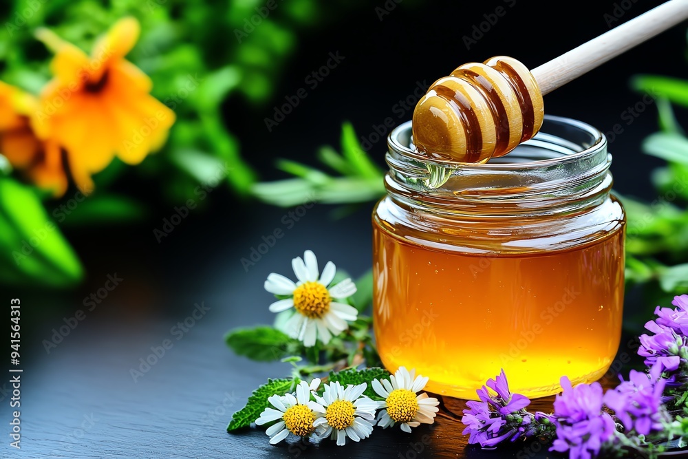 A jar of honey surrounded by fresh herbs and flowers, creating a natural and wholesome scene that evokes the health benefits of honey A jar of honey surrounded by fresh herbs and flowers, creating a natural and wholesome scene that evokes the health benefits of honey