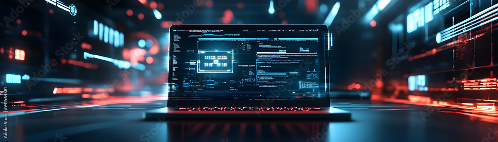 Photo Realistic as Laptop with Holographic Cloud Icon and Data Icon concept as A photo featuring a laptop with a glossy glowing holographic cloud icon and data icon. The objects are positioned central Photo Realistic as Laptop with Holographic Cloud Icon and Data Icon concept as A photo featuring a laptop with a glossy glowing holographic cloud icon and data icon. The objects are positioned central