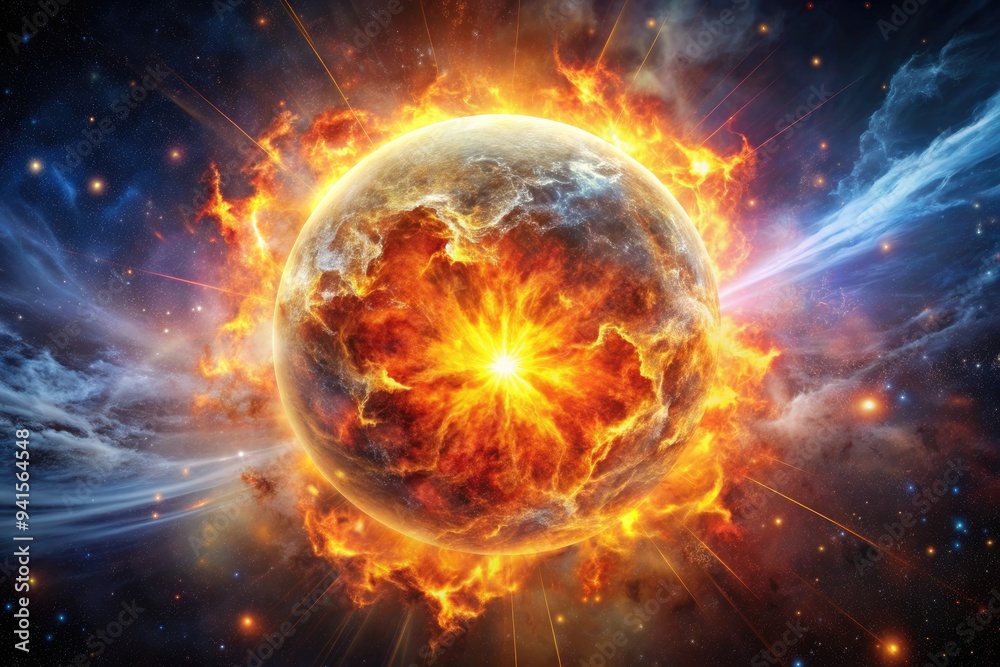 Fototapeta premium Celestial Conflagration: Cosmic sphere ablaze, intense energy release, fiery hues, explosive energy dispersion.