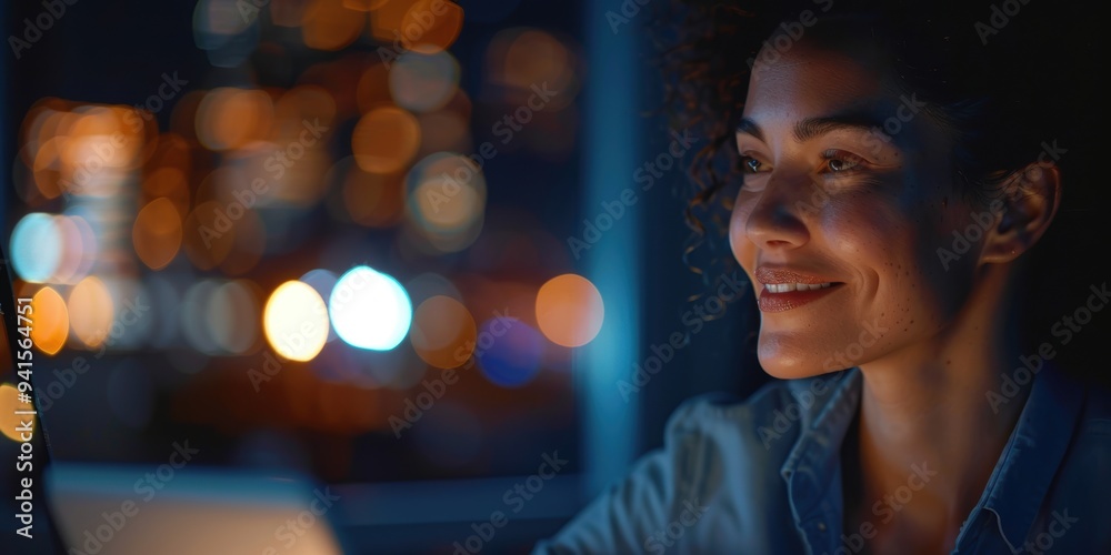 Obraz premium Businesswoman engaged in a phone call and using a tablet while working late, smiling during a discussion and conducting internet research with a digital app