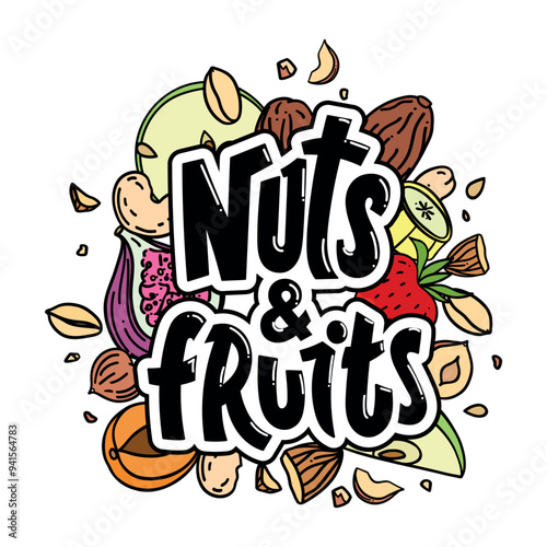 Bright vector hand drawn logo Nuts and Fruits with colorful mix of fruits and nuts in the doodle style on a white background