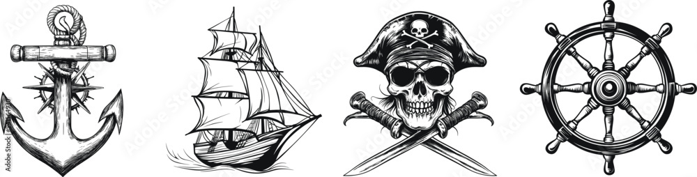 Nautical theme set, tattoo design, vector illustration. Nautical theme set, tattoo design, vector illustration.
