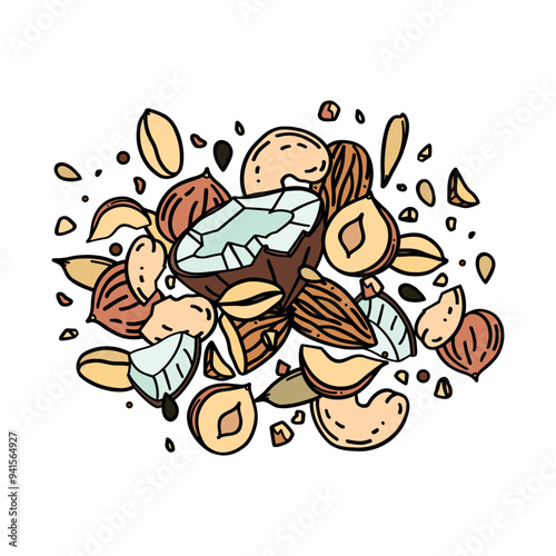 Vector hand drawn illustration nuts and seeds mix in the doodle style on a white background