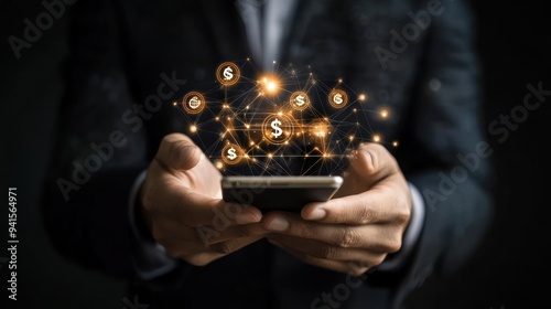 Businessman Using Smartphone for Online Payment by Digital Wallet. Transactions on mobile banking and e-wallets using blockchain technology. transfer credit card, financial, and global business online photo