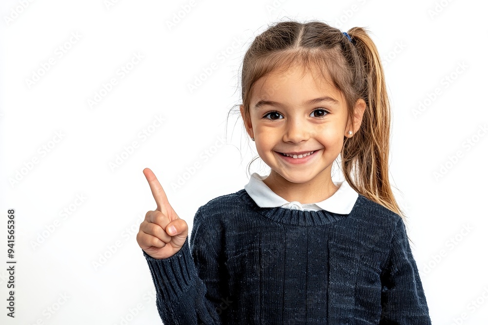 A lovely attractive confident happy cheerful straight-haired pre-teen girl is shown pointing beside a framed advertisement ad tips feedback sale discount, isolated over a vivid yellow background. A lovely attractive confident happy cheerful straight-haired pre-teen girl is shown pointing beside a framed advertisement ad tips feedback sale discount, isolated over a vivid yellow background.