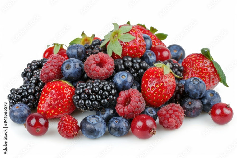 Fresh berries and raspberries arranged in a stack on a white surface Fresh berries and raspberries arranged in a stack on a white surface