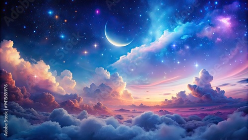 Celestial Dreamscape: Ethereal, dreamy, blue, pink, and purple sky, soft clouds, stars, moon, magical, enchanting