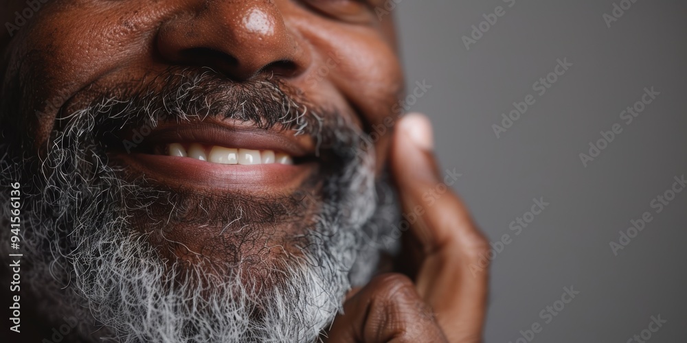 Close-up of an older man grooming his beard with a smile in a studio setting, emphasizing skincare and facial hair care for beauty and hygiene Close-up of an older man grooming his beard with a smile in a studio setting, emphasizing skincare and facial hair care for beauty and hygiene