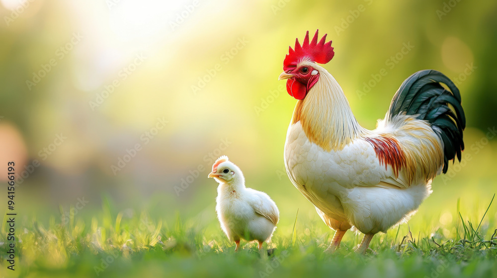 Chicken and white rooster standing on a green grass Chicken and white rooster standing on a green grass