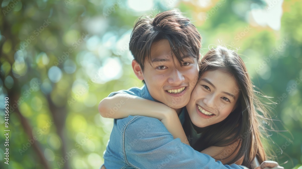 Couple enjoying a joyful piggyback ride outdoors in a lush garden, showcasing love, care, and happiness during their romantic date Couple enjoying a joyful piggyback ride outdoors in a lush garden, showcasing love, care, and happiness during their romantic date