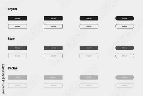 Stylish light mode ui button collection with editable label text. Various button shapes grouped in regular, hover and inactive state
