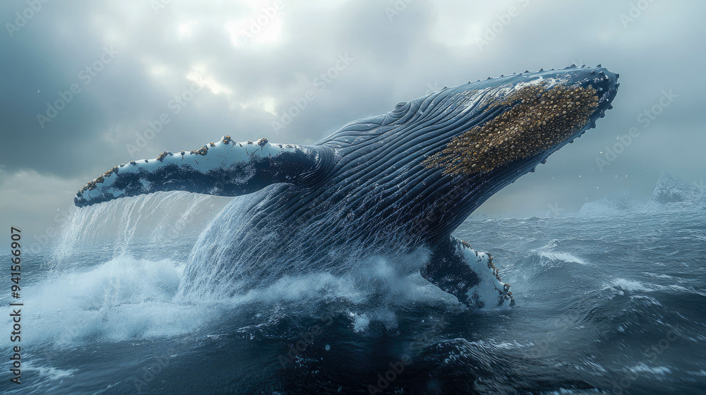 Fototapeta premium A majestic humpback whale breaching through the ocean surface, surrounded by splashing water and underwater light reflections
