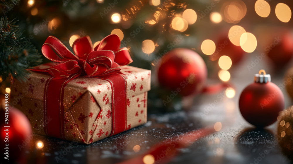 A red box with a red ribbon sits on a table with a bunch of red Christmas orname A red box with a red ribbon sits on a table with a bunch of red Christmas orname