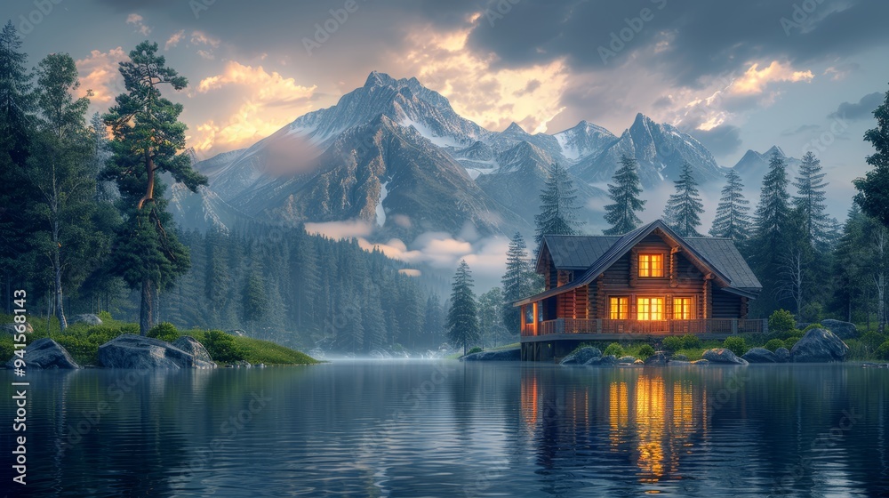 Naklejka premium Cozy Wooden Cabin by a Serene Lake with Majestic Mountain Views at Sunset