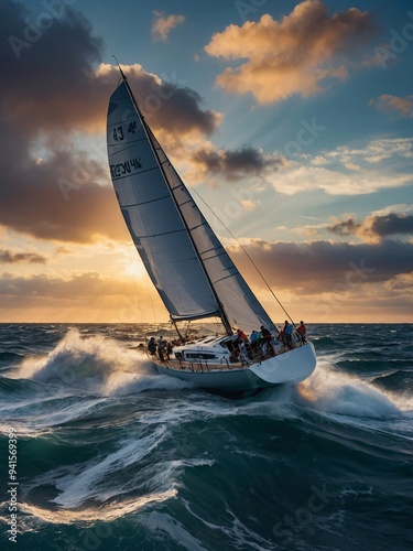 A painting depicts an exhilarating sailboat race on the open sea, with yachts speeding through waves under a dramatic sunset