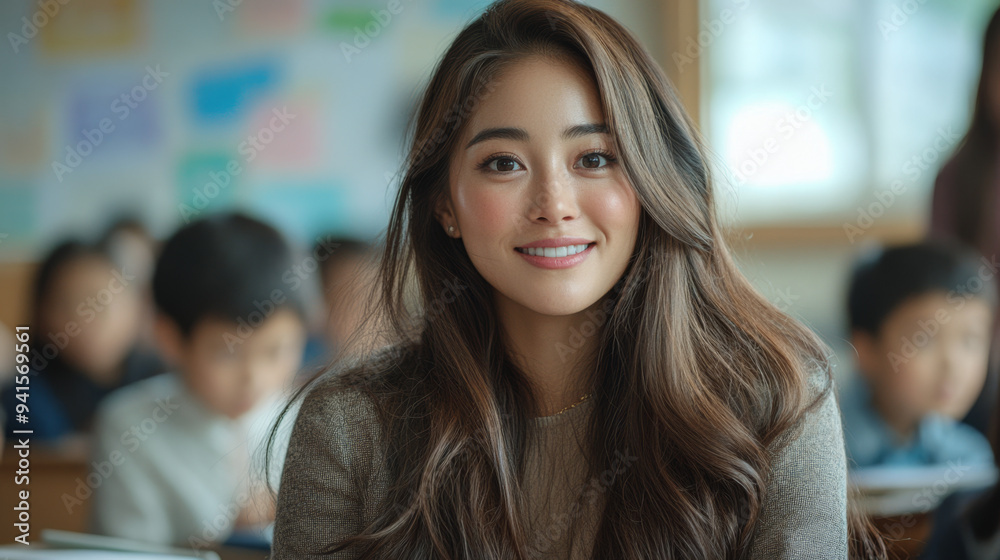 A woman with long brown hair is smiling at the camera A woman with long brown hair is smiling at the camera