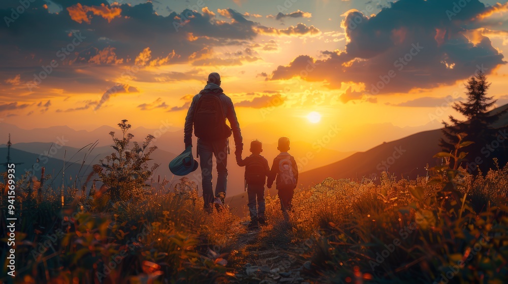 Family Enjoying a Beautiful Sunset During a Scenic Mountain Hike - Happiness and Adventure in Nature Family Enjoying a Beautiful Sunset During a Scenic Mountain Hike - Happiness and Adventure in Nature