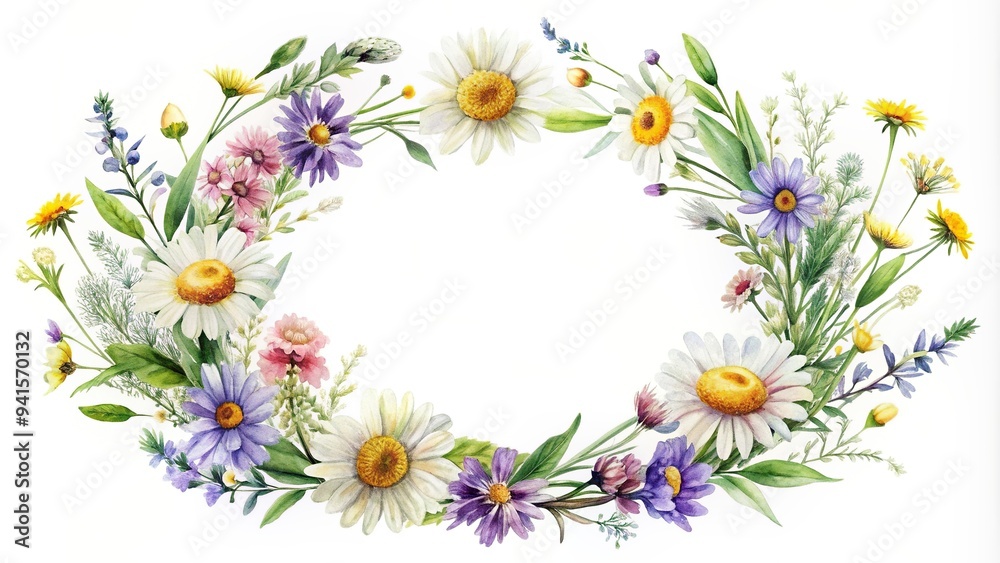 Obraz premium Watercolor wreath of delicate wildflowers including daisies lavender and buttercups arranged in a circular pattern on a clean white background, botanical, artistic, decoration, nature