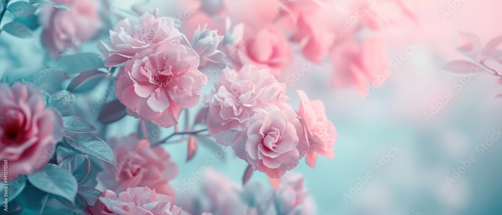 A serene composition of delicate pink roses against a soft blue background, evoking a sense of tranquility and beauty. A serene composition of delicate pink roses against a soft blue background, evoking a sense of tranquility and beauty.