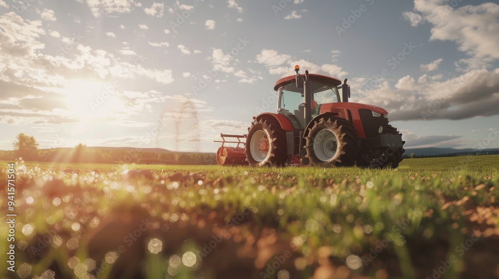 Obraz premium A red tractor is parked in a green field with some grass and possibly crops