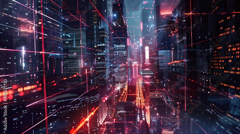 Futuristic cityscape with neon lights and digital elements. Futuristic cityscape with neon lights and digital elements.