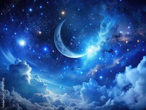 Celestial Night Sky: Deep blues, twinkling stars, shimmering nebulae, crescent moon, ethereal cosmic glow