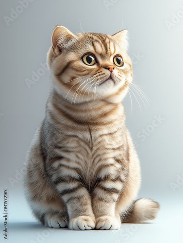 A cute, fluffy cat sitting gracefully with big eyes.