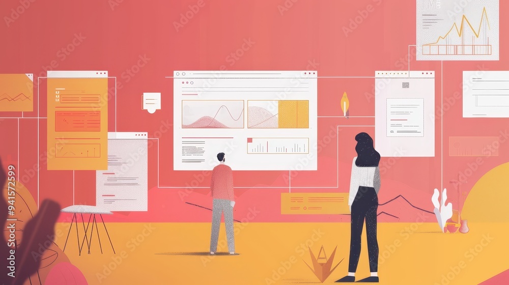 Digital illustration of two people analyzing data charts on screens, representing teamwork, data analysis, and business strategy. Digital illustration of two people analyzing data charts on screens, representing teamwork, data analysis, and business strategy.