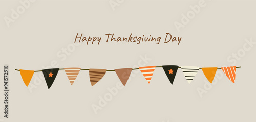  Suspended colorful flags and garlands for parties. Thanksgiving greeting on Isolated background Multicolored bright flags for anniversary party and holiday Vector. 