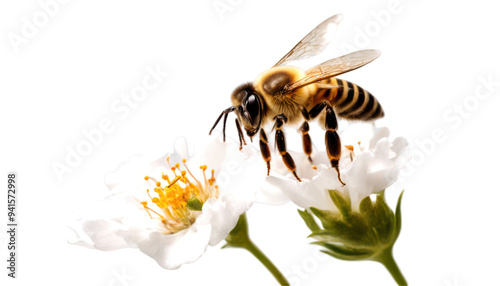 Close up of a bee resting on a white flower isolate on transparent background, cutout, png photo