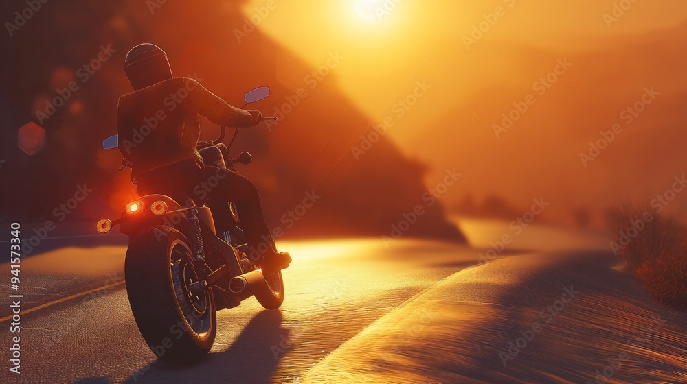 Motorcycle Rider Enjoying Sunset Ride on Open Road Motorcycle Rider Enjoying Sunset Ride on Open Road