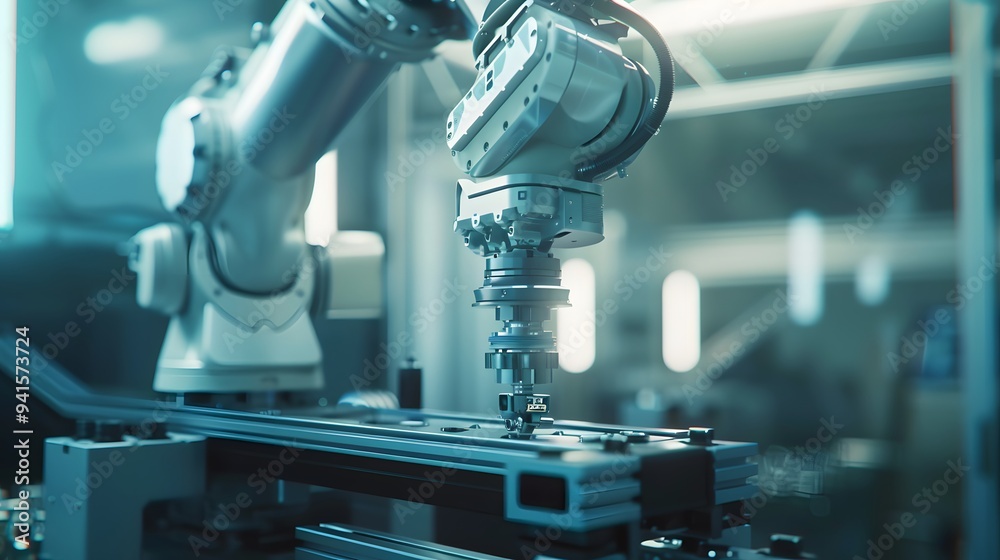 Close-up of a robotic arm receiving instructions from a CAD system via CAM software, executing precise movements Close-up of a robotic arm receiving instructions from a CAD system via CAM software, executing precise movements