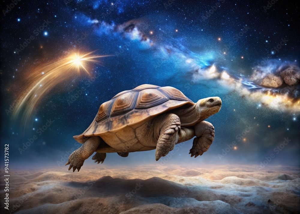Celestial Reptile on Milky Way: Surrealistic image of a sulcata tortoise floating through a starry Milky Way on a white canvas, evoking wonder and awe. Celestial Reptile on Milky Way: Surrealistic image of a sulcata tortoise floating through a starry Milky Way on a white canvas, evoking wonder and awe.