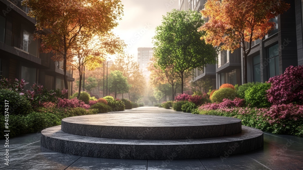 Elegant Outdoor Podium for Product Presentation in Modern Urban Garden Setting with Lush Greenery and Autumn Foliage Elegant Outdoor Podium for Product Presentation in Modern Urban Garden Setting with Lush Greenery and Autumn Foliage