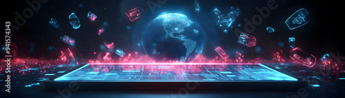 Photo Realistic as Tablet with Holographic Blockchain Icon and Cryptocurrency Icon concept as A photo depicting a tablet with a glossy glowing holographic blockchain icon and cryptocurrency icon. The 