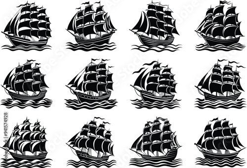 Black and white silhouette of a sailing ship with white background.