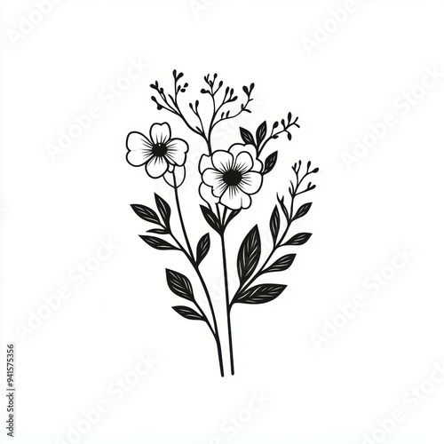 Black and white floral illustration featuring detailed botanical elements, perfect for use in minimalistic art prints, tattoos, and design templates,