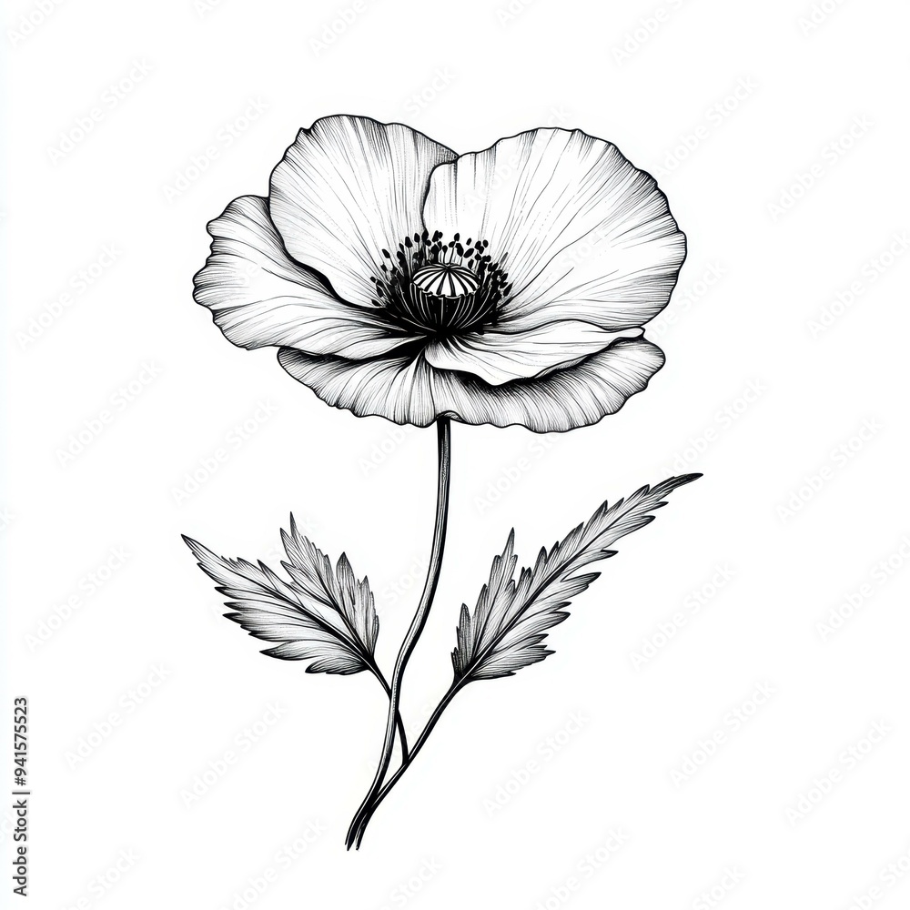 A detailed black and white illustration of a poppy flower with delicate petals and leaves, ideal for botanical studies, tattoo designs, art prints, and nature-themed projects, A detailed black and white illustration of a poppy flower with delicate petals and leaves, ideal for botanical studies, tattoo designs, art prints, and nature-themed projects,
