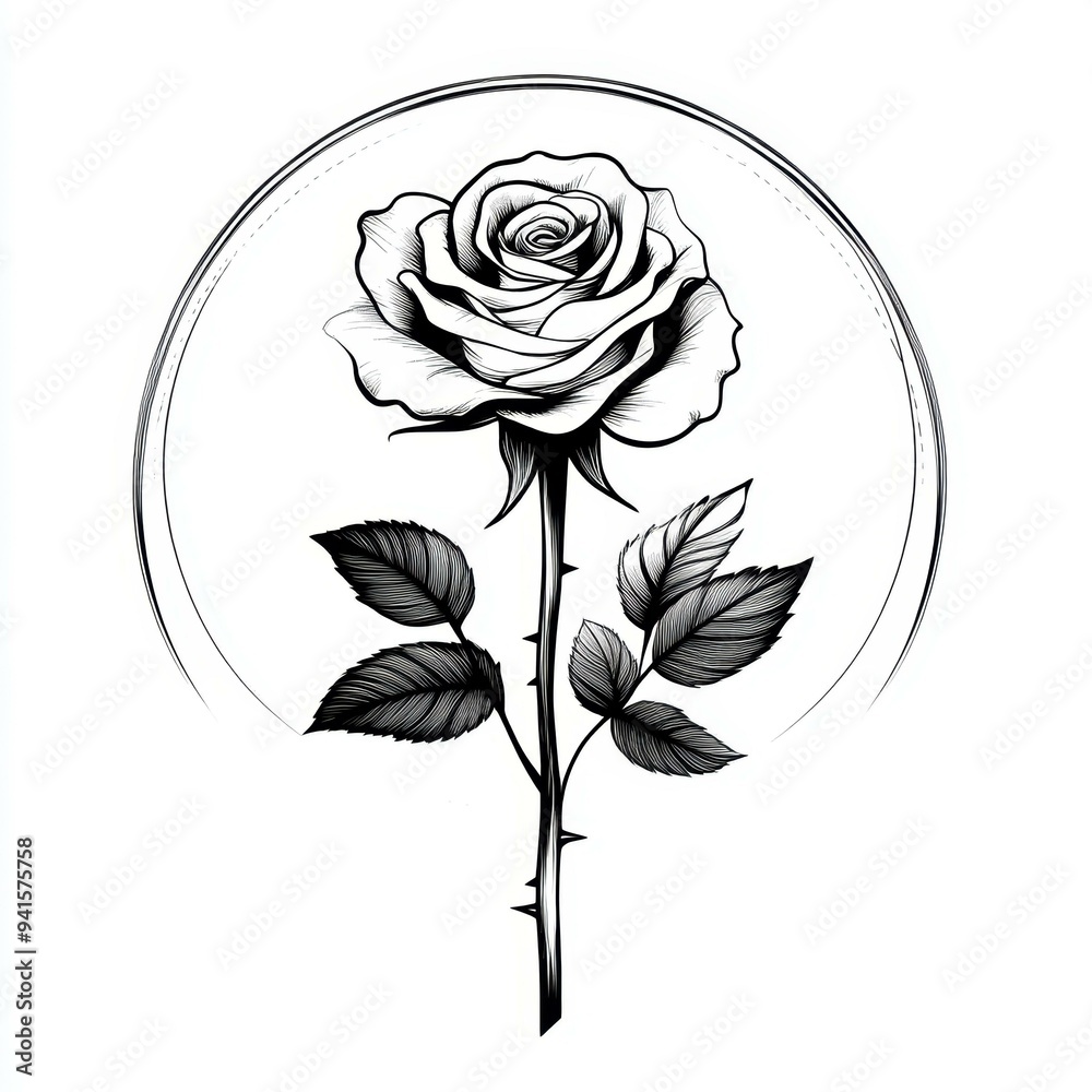 Detailed black and white illustration of a rose with leaves within a circular frame, ideal for tattoo design, greeting cards, or botanical artwork, Detailed black and white illustration of a rose with leaves within a circular frame, ideal for tattoo design, greeting cards, or botanical artwork,