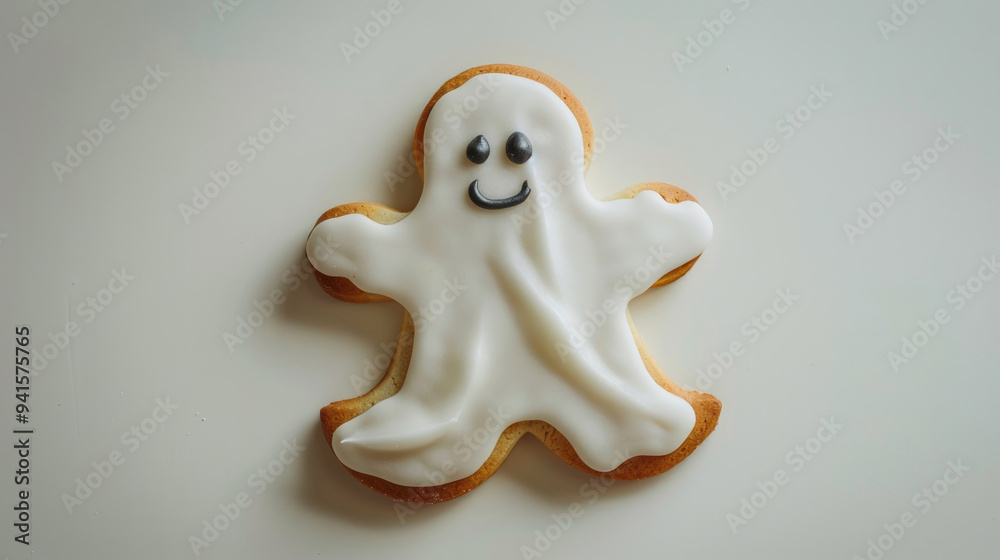 Cute Ghost-Shaped Cookie with White Icing and Smiling Face on Light Background for Halloween Cute Ghost-Shaped Cookie with White Icing and Smiling Face on Light Background for Halloween