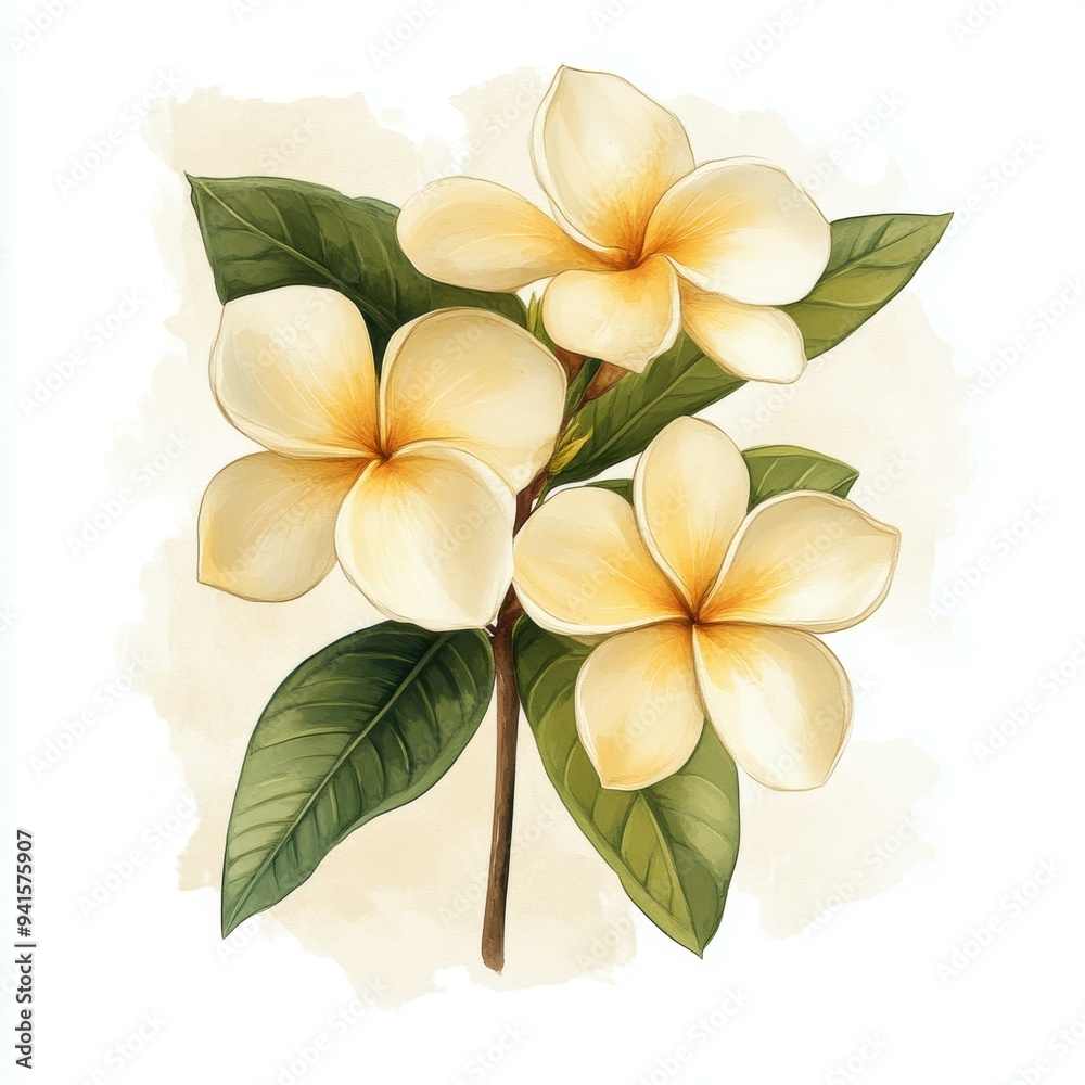 Watercolor illustration of yellow plumeria flowers with green leaves on a white background, suitable for print designs, greeting cards, home decor, and botanical art projects, Watercolor illustration of yellow plumeria flowers with green leaves on a white background, suitable for print designs, greeting cards, home decor, and botanical art projects,
