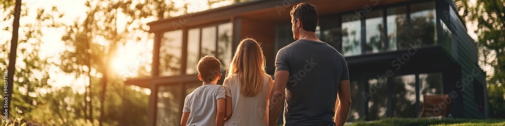 New Home Dreams Realized: Rear View of Young Family Embracing Their Future. Joyful Couple with Child Admiring Real Estate Purchase. Emotional Moment of House Handover Ceremony. Abstract Marketing Back New Home Dreams Realized: Rear View of Young Family Embracing Their Future. Joyful Couple with Child Admiring Real Estate Purchase. Emotional Moment of House Handover Ceremony. Abstract Marketing Back