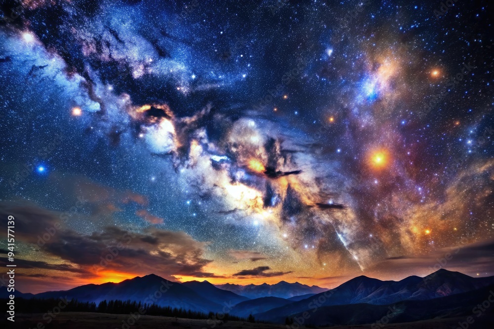 Fototapeta premium Celestial Starry Night: Deep indigo, twinkling stars, glowing nebulae, vast cosmic landscapes.