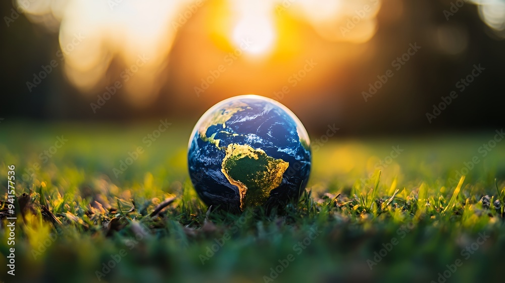 A globe resting on grass with a sunset in the background, symbolizing Earth and nature. A globe resting on grass with a sunset in the background, symbolizing Earth and nature.