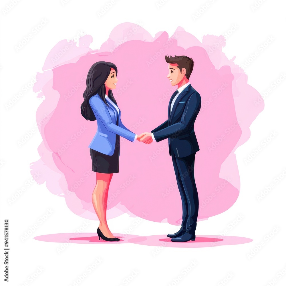 A couple shaking hands in a professional setting, symbolizing partnership and collaboration in a vibrant, modern illustration. A couple shaking hands in a professional setting, symbolizing partnership and collaboration in a vibrant, modern illustration.